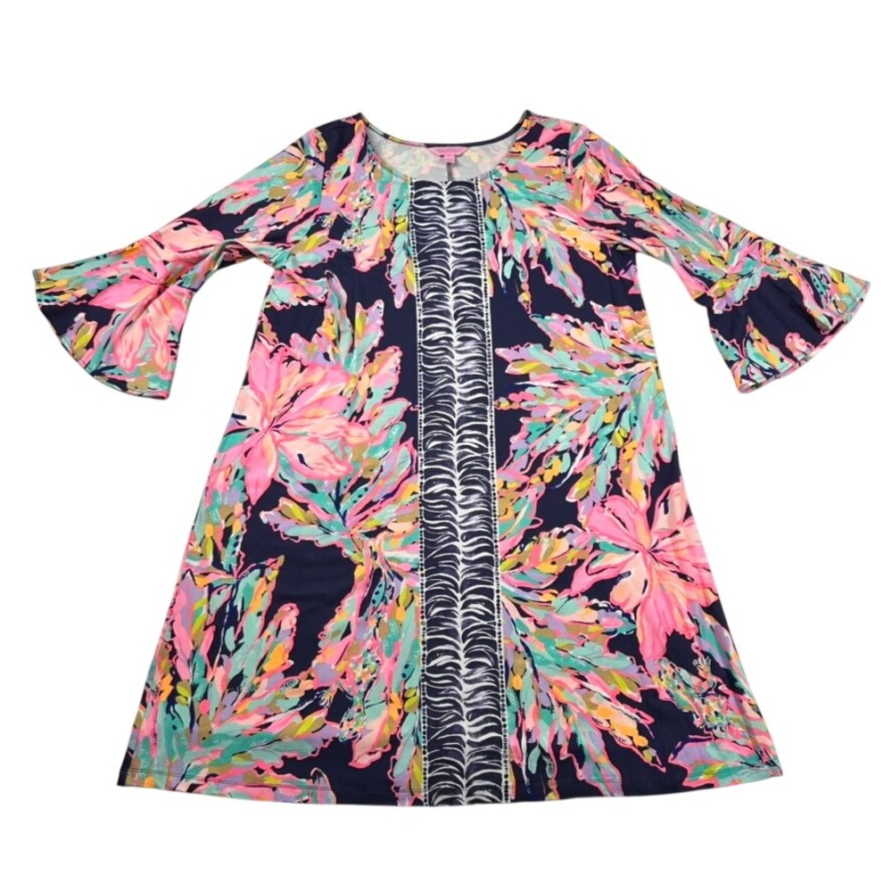 Lilly Pulitzer Dress Women XL Ophelia Swing Navy Floral Tropical 3/4 Bell Sleeve
